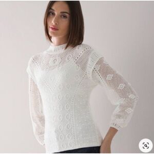 EUC White House Black Market White Pointelle Lace Puff Sleeve Sweater S